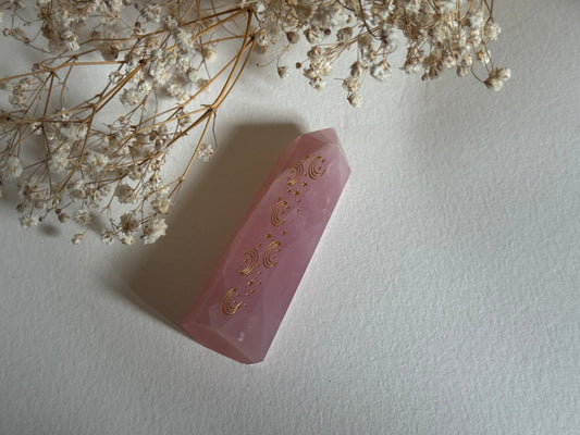 Rose Quartz Point with Gold Moons