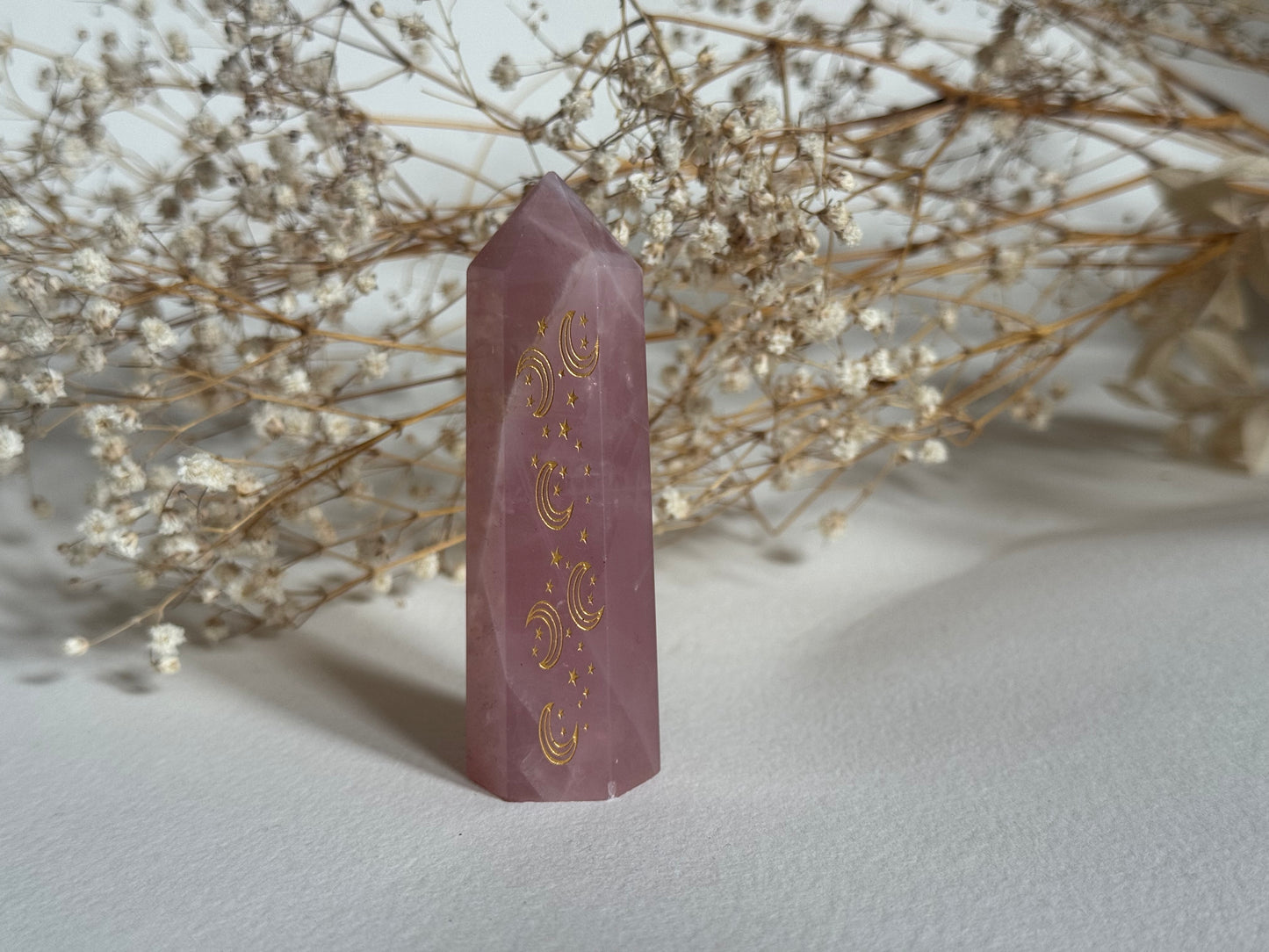 Rose Quartz Point with Gold Moons