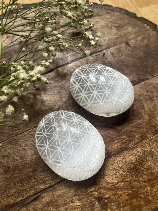 Selenite Palm Stones - Flower of Life