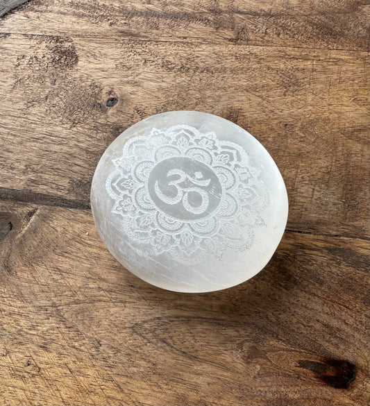 Selenite Palm Stones - Om